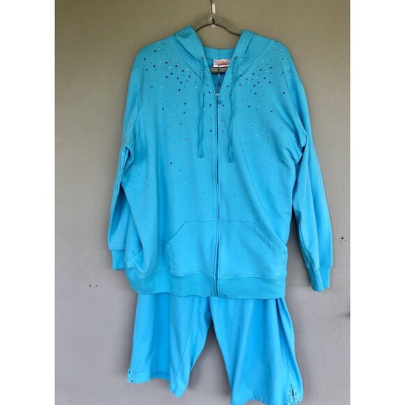 Quacker Factory 2X Hoodie Sweatshirt & Crop Pants Set Embellished Bling Full Zip - Picture 1 of 15